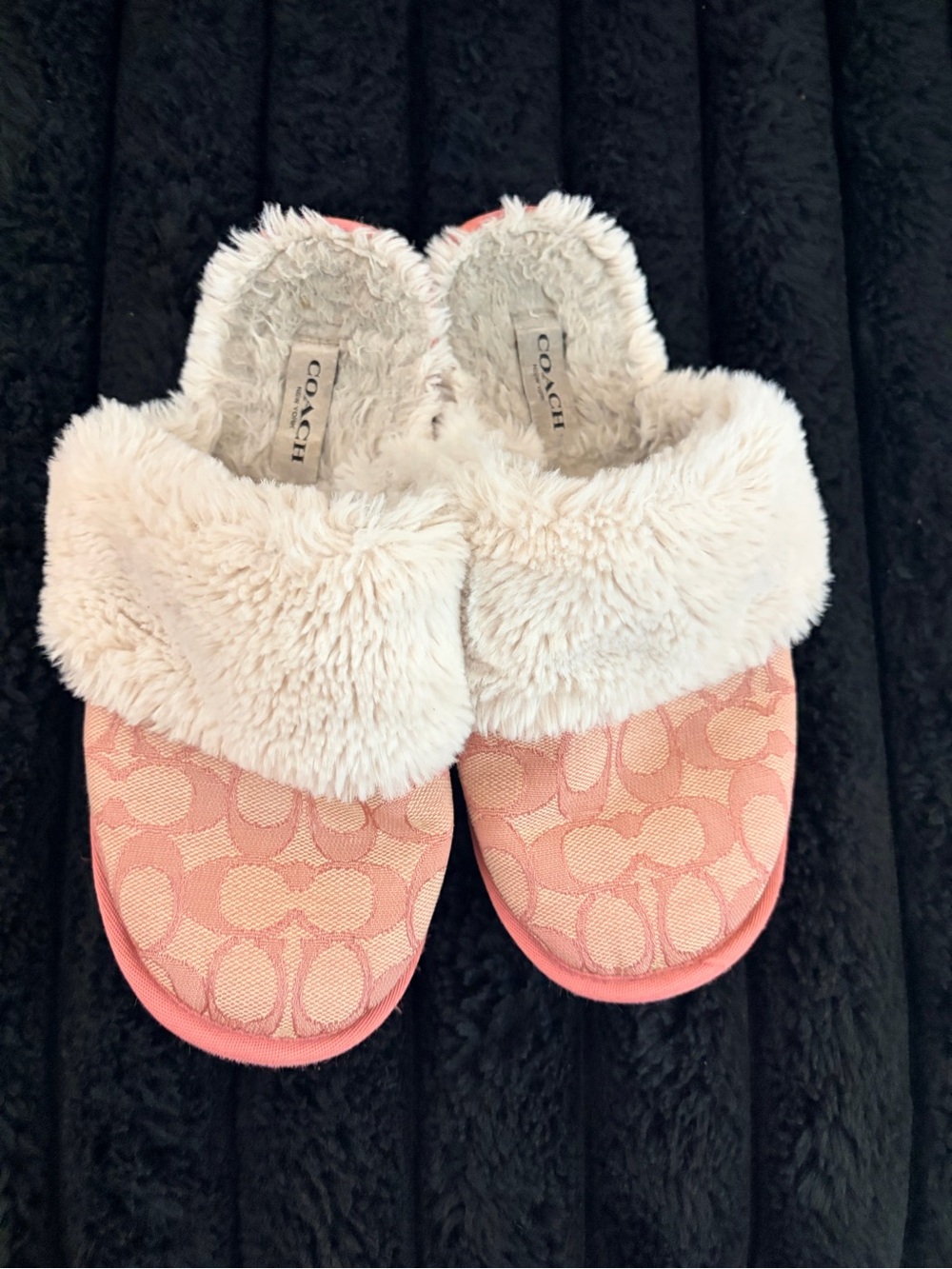 Coach Pink Signature Jacquard Faux Fur Clog Slippers